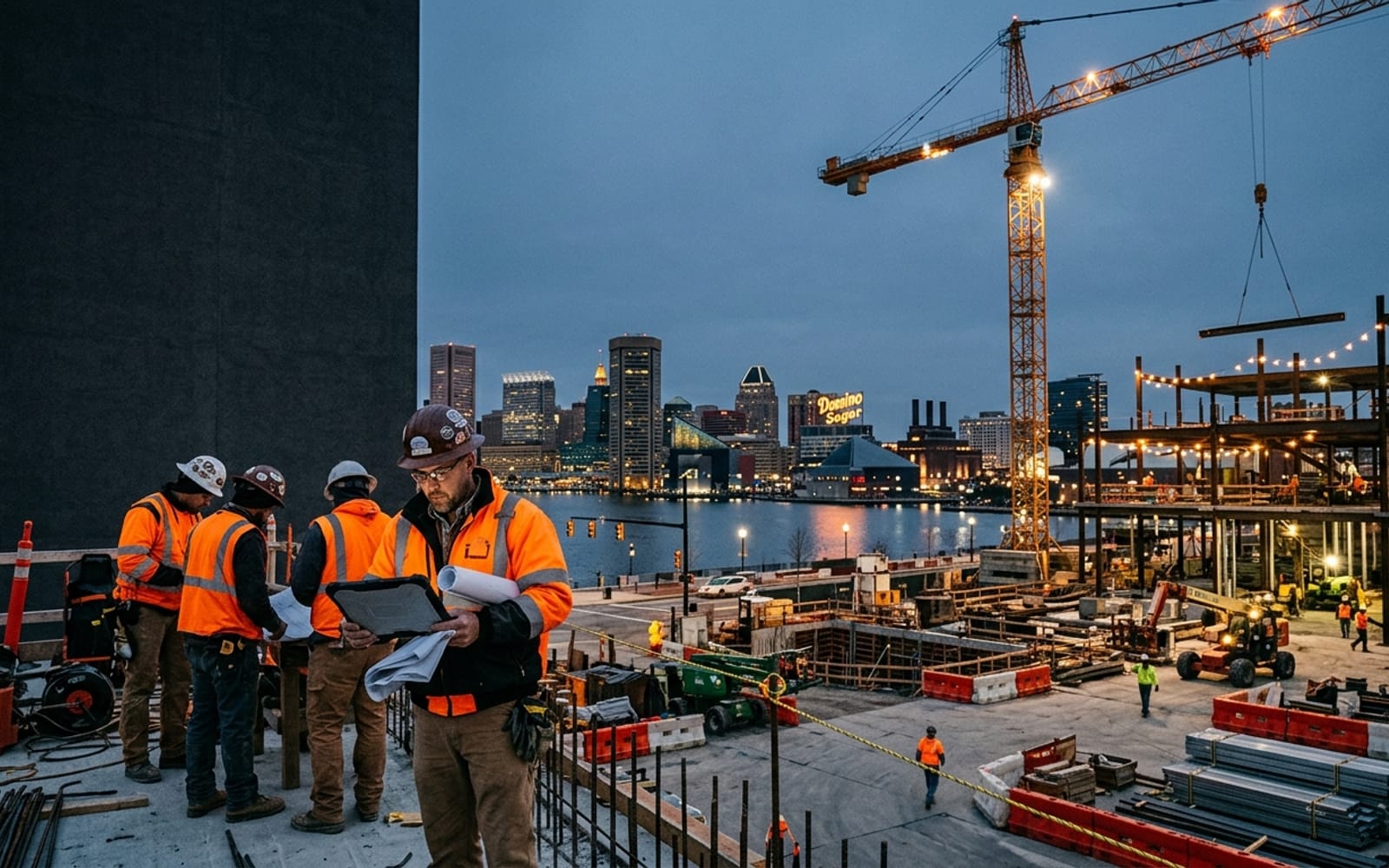 Waterfront and mixed-use construction in Baltimore with a tower crane at blue hour