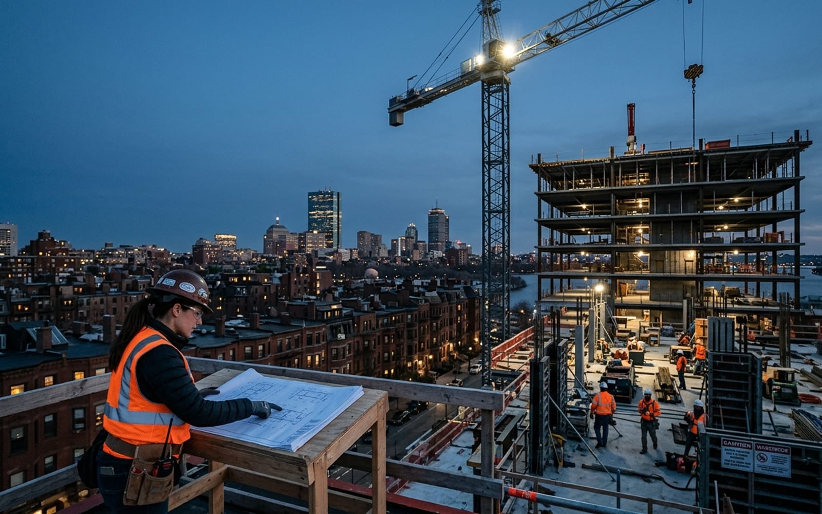 Mid-rise commercial construction in Boston with a tower crane at blue hour