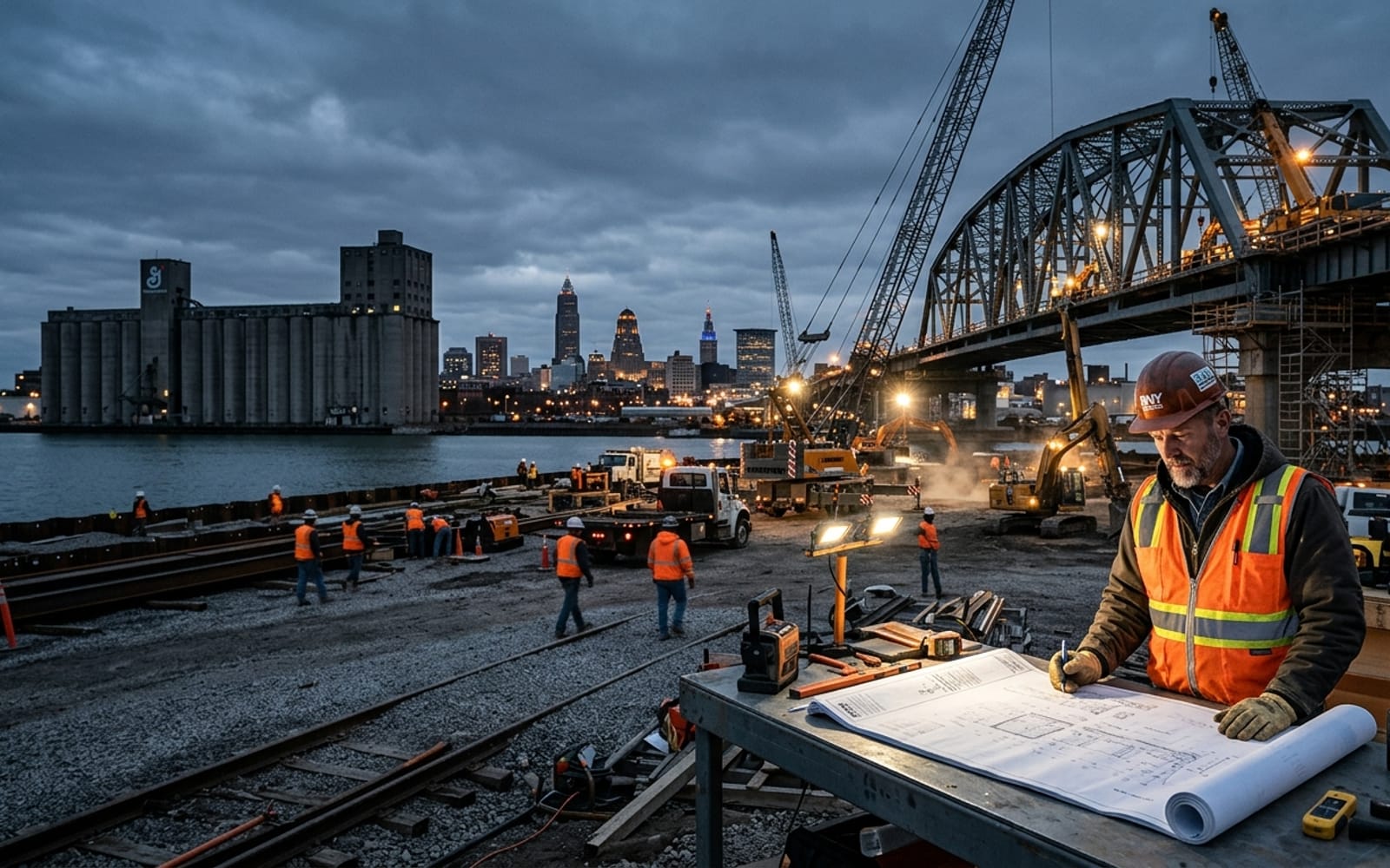 Industrial and infrastructure construction in Buffalo with heavy machinery at blue hour