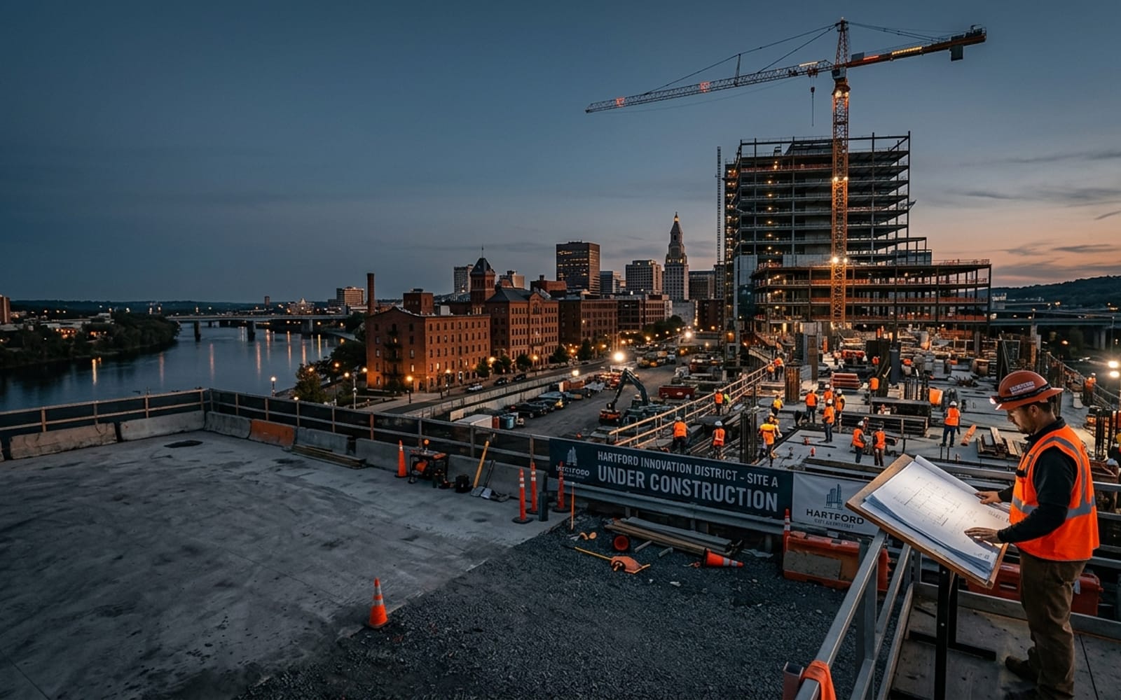 Office tower and mixed-use construction in Hartford with a tower crane at blue hour