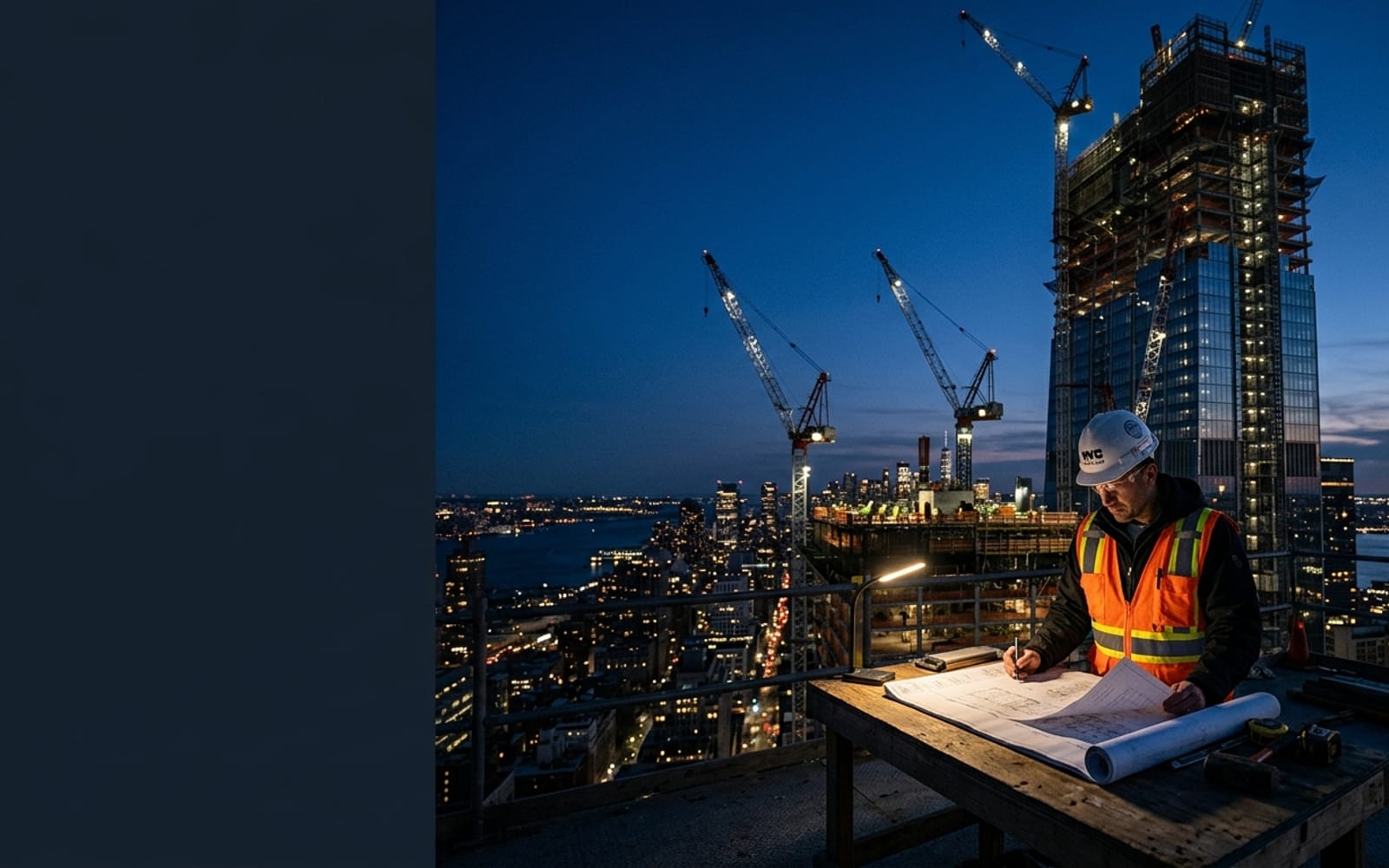 High-rise skyscraper construction in New York City with tower cranes at blue hour