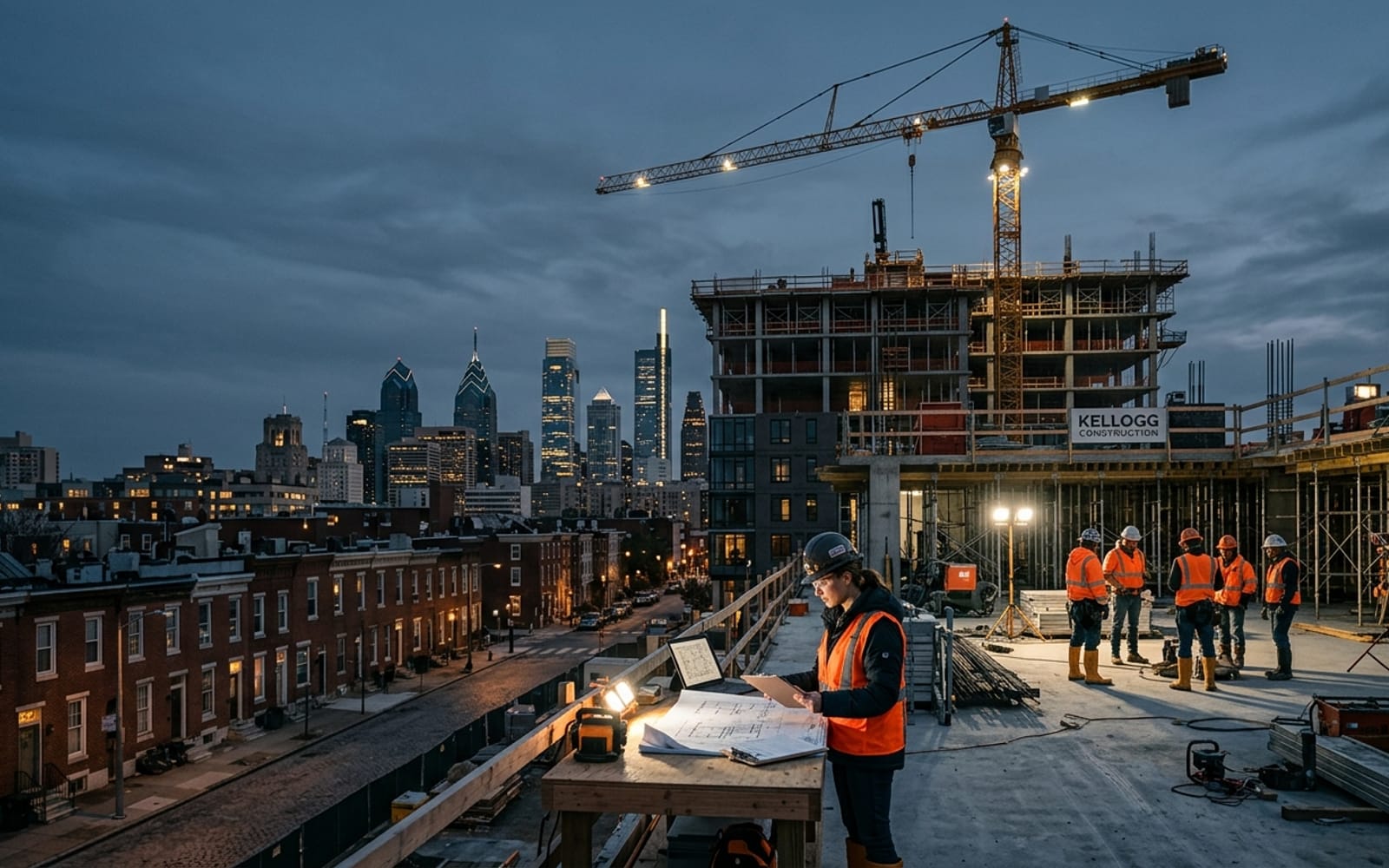 Mid-rise mixed-use construction in Philadelphia with a tower crane at blue hour
