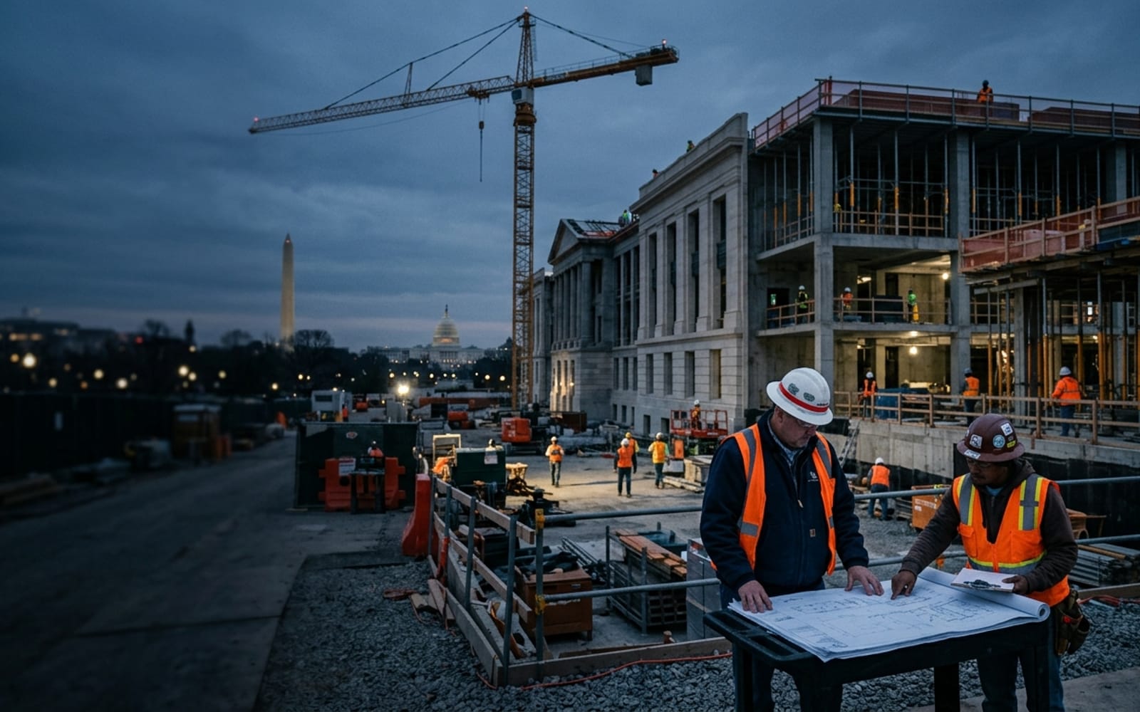 Institutional and government construction in Washington D.C. with a tower crane at blue hour