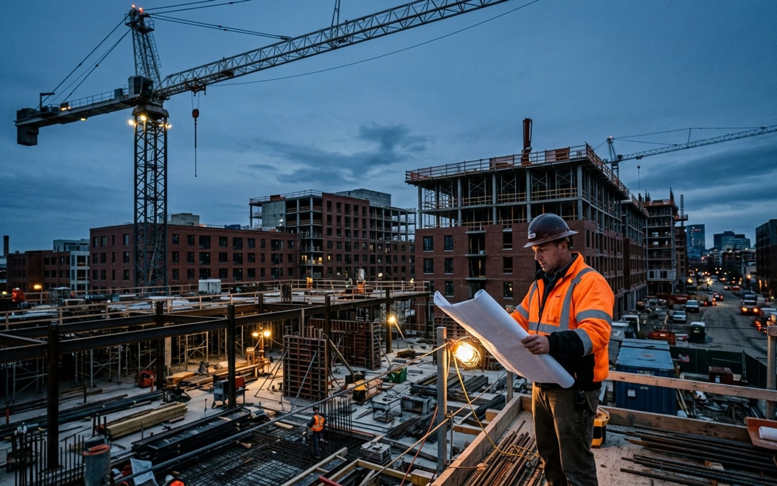 Northeast construction superintendent reviewing blueprints at a New York jobsite at blue hour